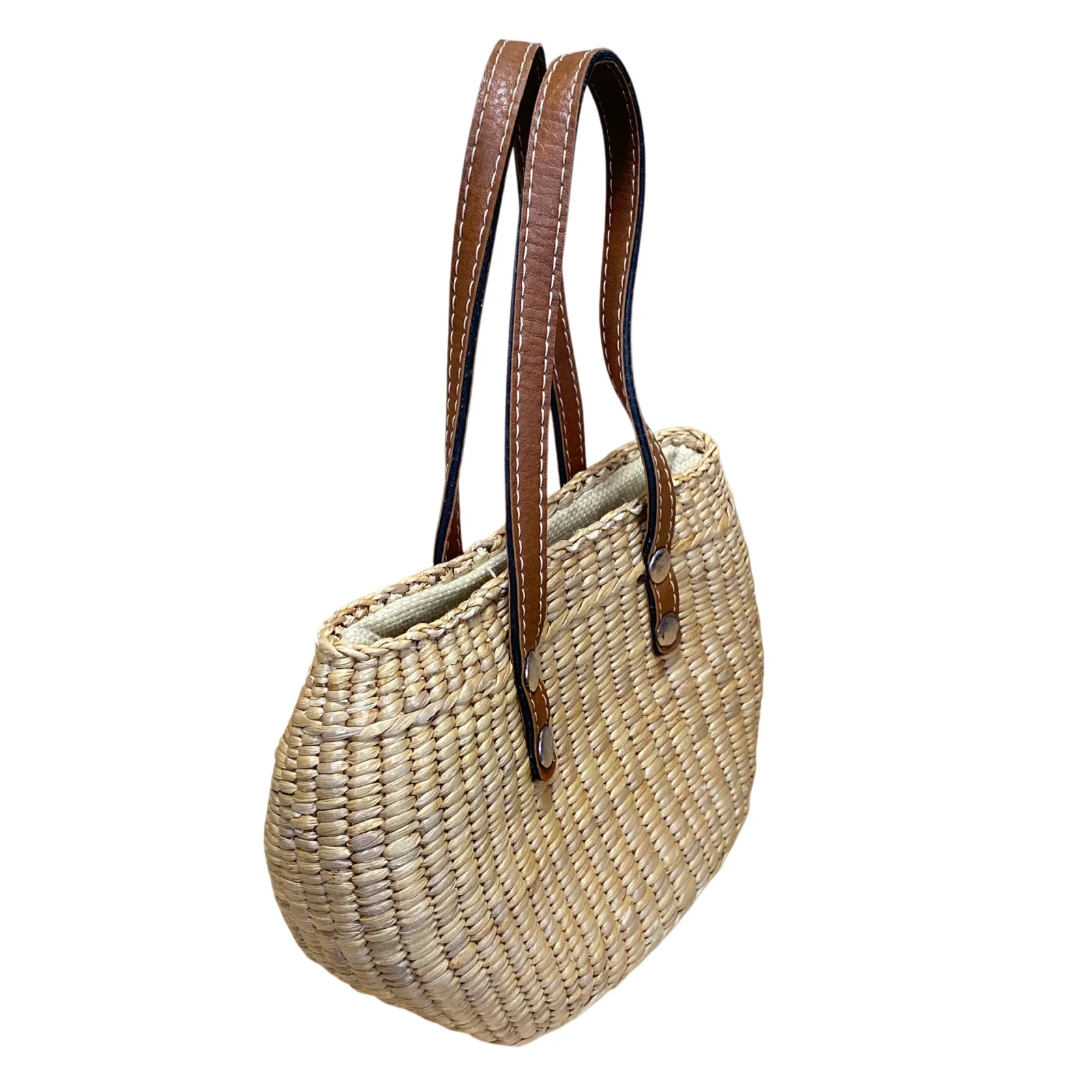 Sea and Grass Inner Drawstring Mini Straw Hyacinth Woven Tote Basket Handbag OS - Image 3