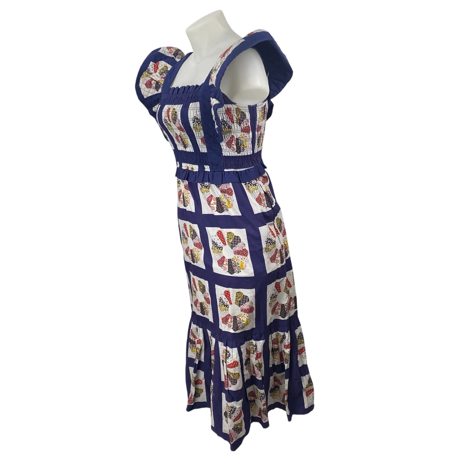 Sea Pippin Blue Floral Patchwork Ruffle Smocked Apron A Line Maxi Dress Size 6 - Image 2