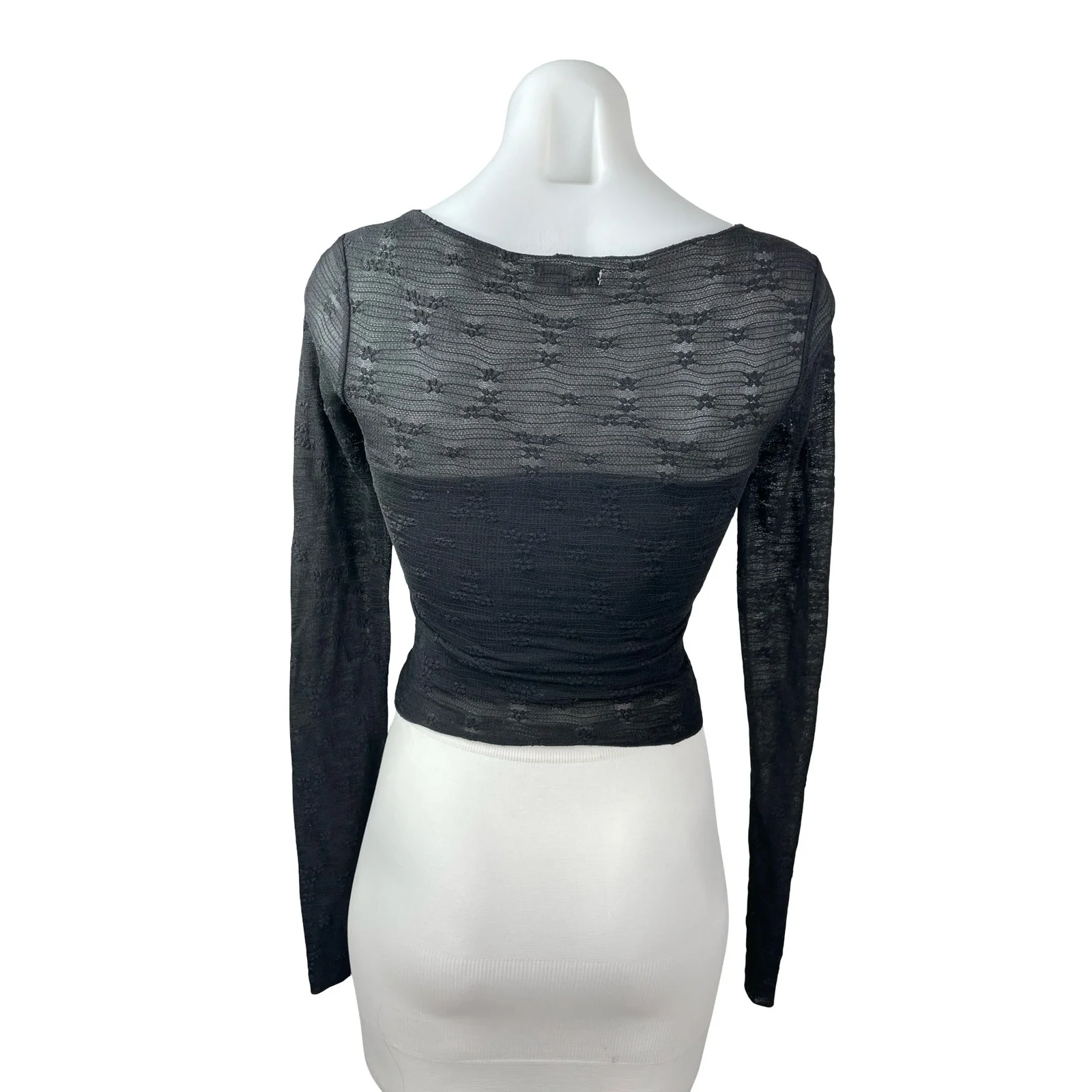 See You Monday Black Long Sleeve Floral Embroidered Mesh Cropped Blouse Top XS - Image 4