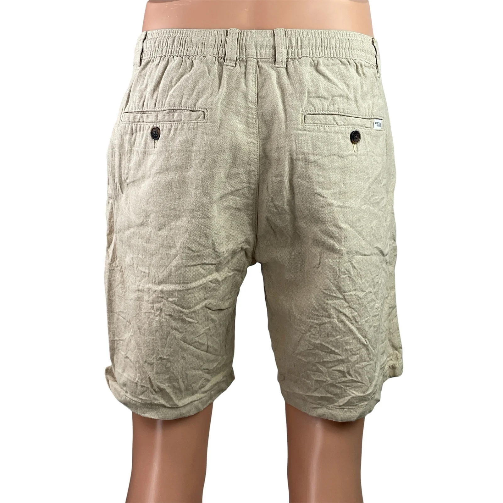 Selected Men's Beige Linen Drawstring Chino Khaki Bermuda Golf Shorts Size M - Image 3