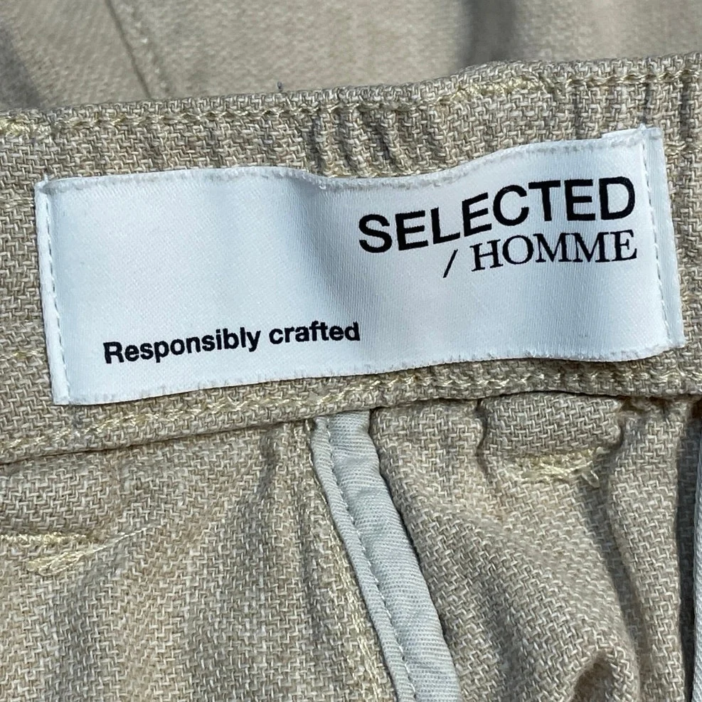 Selected Men's Beige Linen Drawstring Chino Khaki Bermuda Golf Shorts Size M - Image 4
