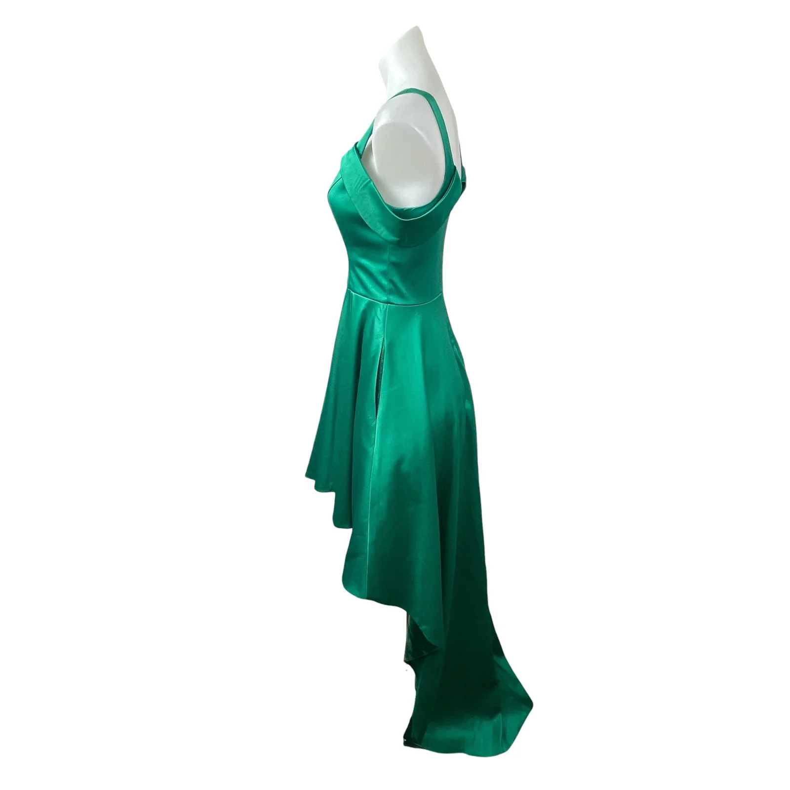 Sequin Hearts Green Silk Satin Cold Shoulder Fit & Flare High Low Dress Size S - Image 3