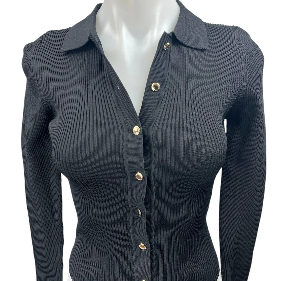 SER.O.YA Black Ribbed Button Up Collar Long Sleeve Polo Sweater Bodysuit Top XS - Image 3