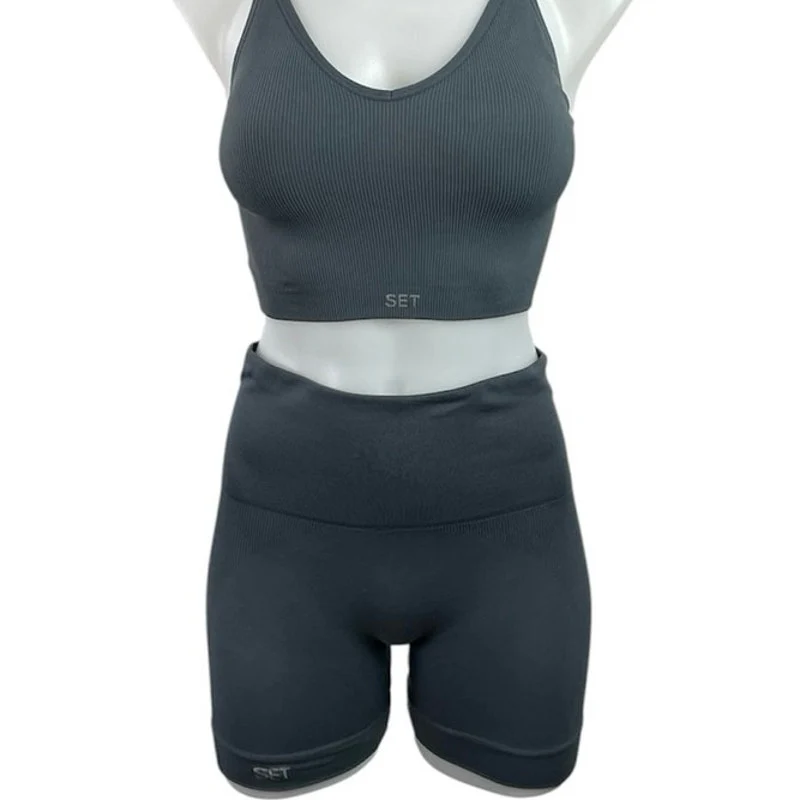 Set Active Blue Gray Ribbed Knit Yoga Sports Bra Biker Shorts Athletic Set Sz S - Image 4