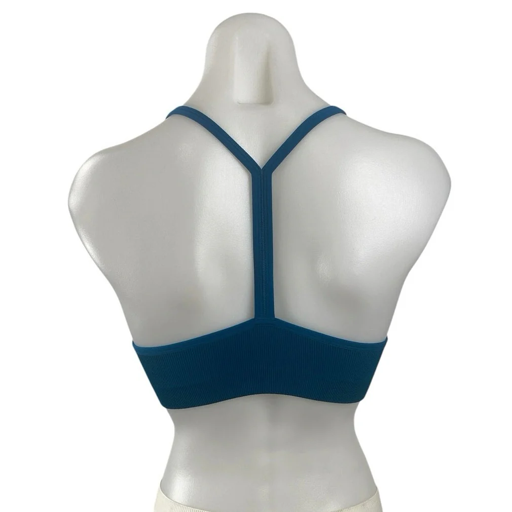 Set Active Blue Ribbed Knit Yoga Workout Athletic Sports Bra Crop Top Size S - Image 3