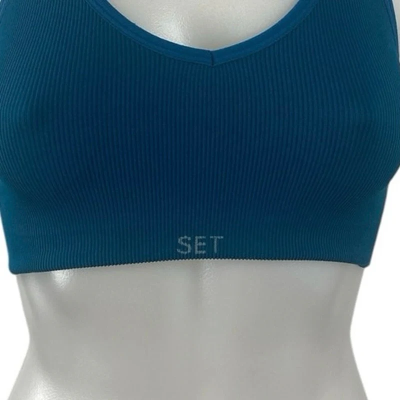 Set Active Blue Ribbed Knit Yoga Workout Athletic Sports Bra Crop Top Size S - Image 4