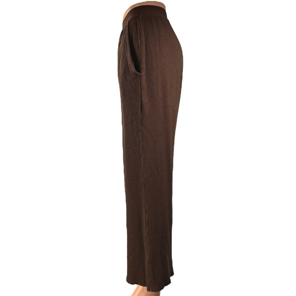 Set Active Women's Brown Waffle Knit Pull On Pocket Wide Leg Trousers Pants Sz M - Image 2
