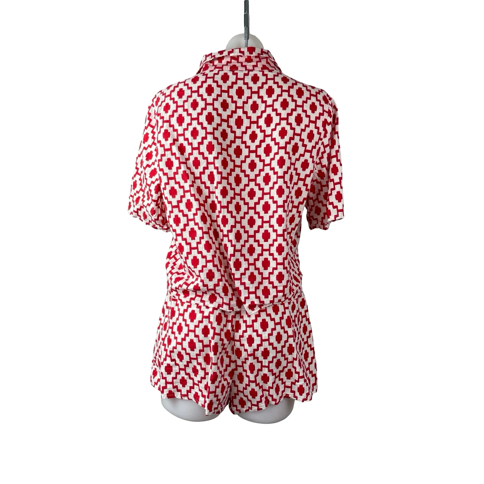Shade & Shore Red Geometric Ikat Button Up Top Wide Leg Short Pajama Set Size S - Image 5