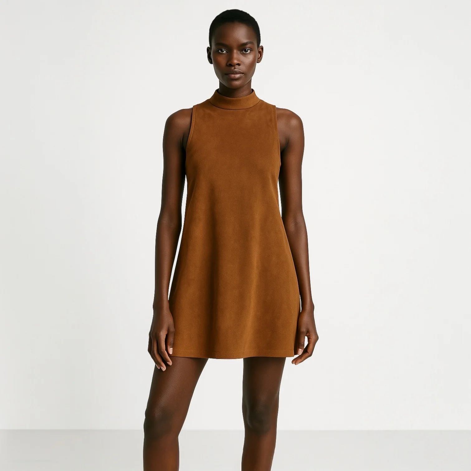 She + sky Brown Faux Suede Sleeveless Cut-out Mock Neck Back Zip Mini Dress Sz M - Image 3
