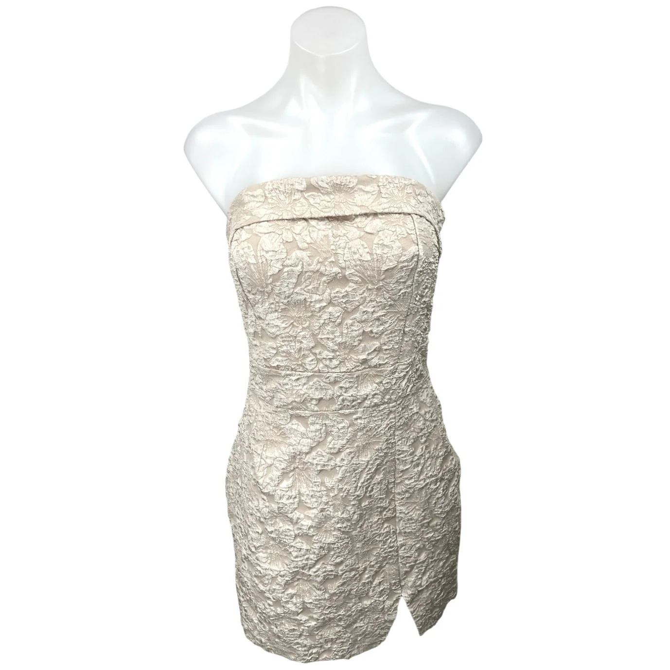 Shein Beige Floral Textured Strapless Cutout Smocked Mini Bodycon Dress Size M