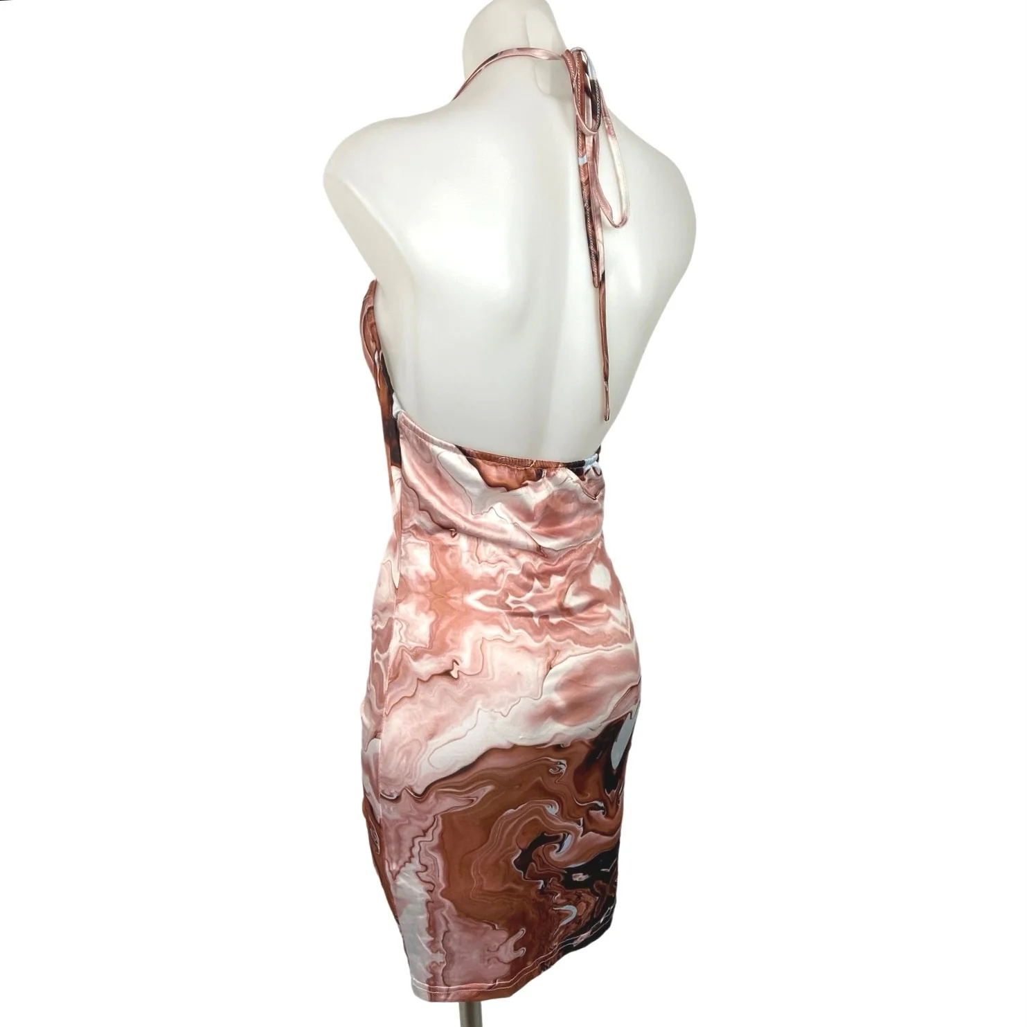 Shein Brown Marble Print Halter Neck Ruched Front Open Back Mini Party Dress 4 - Image 2