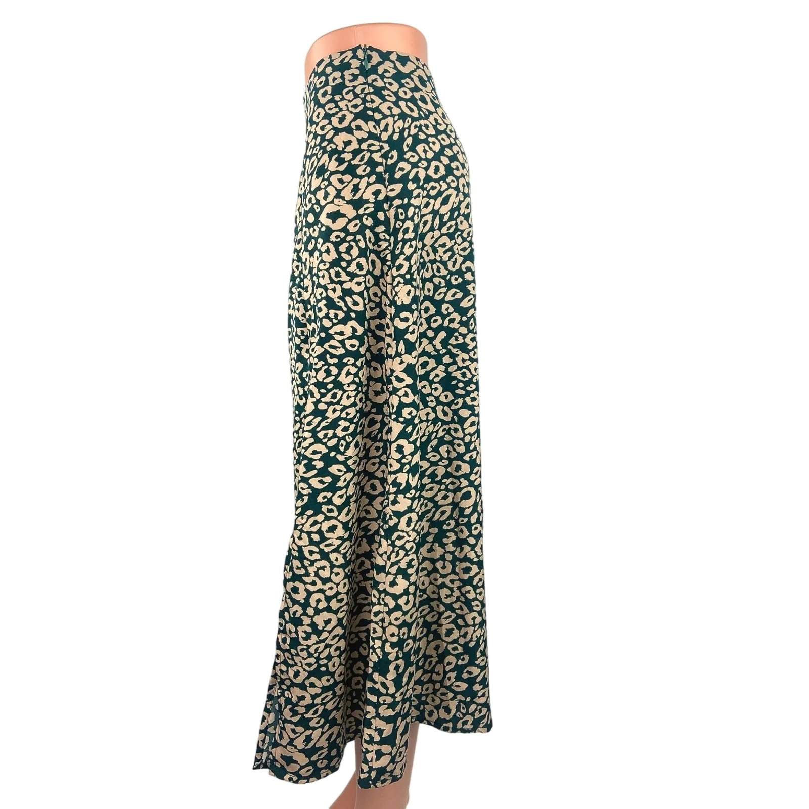 Shein Green Beige Leopard Animal Print Satin Zipper Chic Midi Slip Skirt Size 6 - Image 2