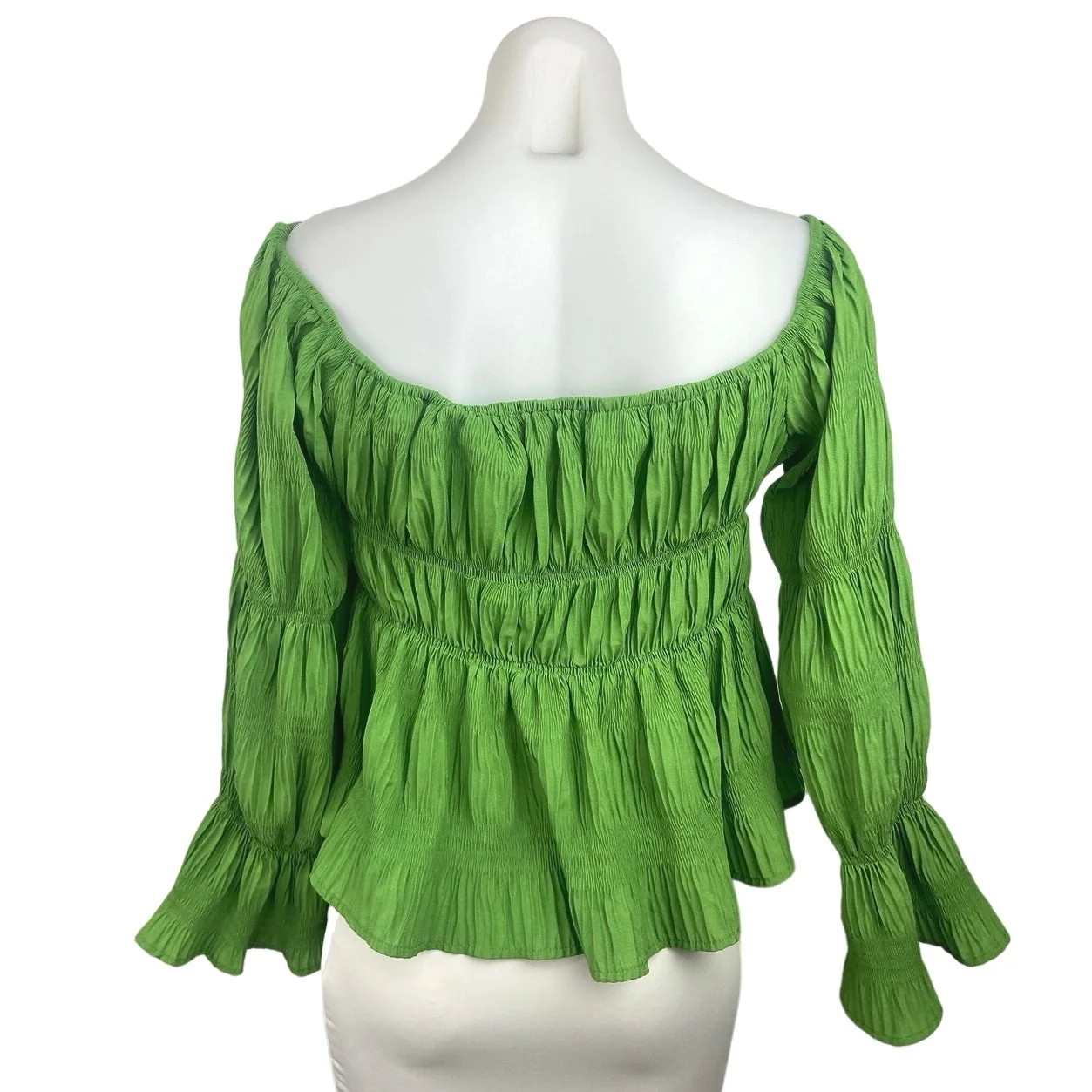 Shein Green Pleated Lace Up Long Sleeve Smocked Tiered Boat Neck Blouse Top Sz L - Image 2