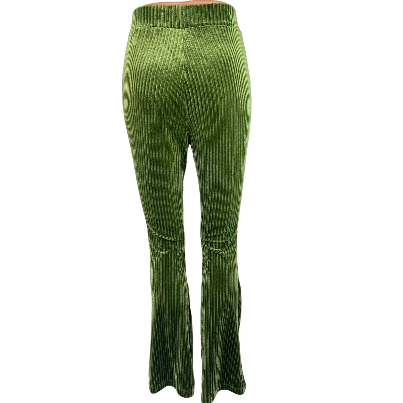 Shein Green Solid Velvet Rib High Waist Flare Leggings Bell Bottom Yoga Pants 4 - Image 3