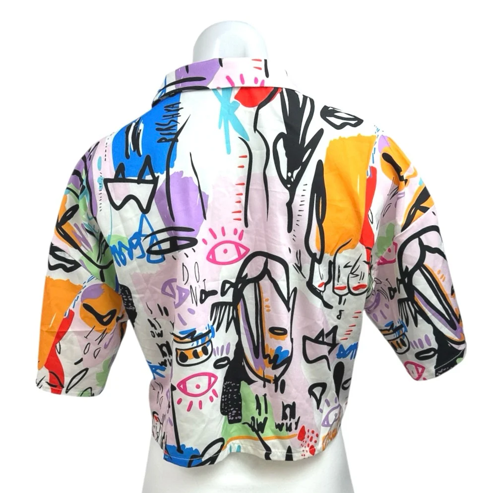 Shein Multicolor Graffiti Print Button Down Short Sleeve Crop Shirt Blouse Top S - Image 2