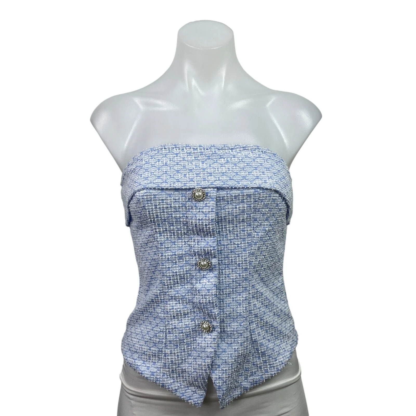 Shein Women's Blue Tweed Strapless Tube Bandeau Button Up Blouse Top Size S