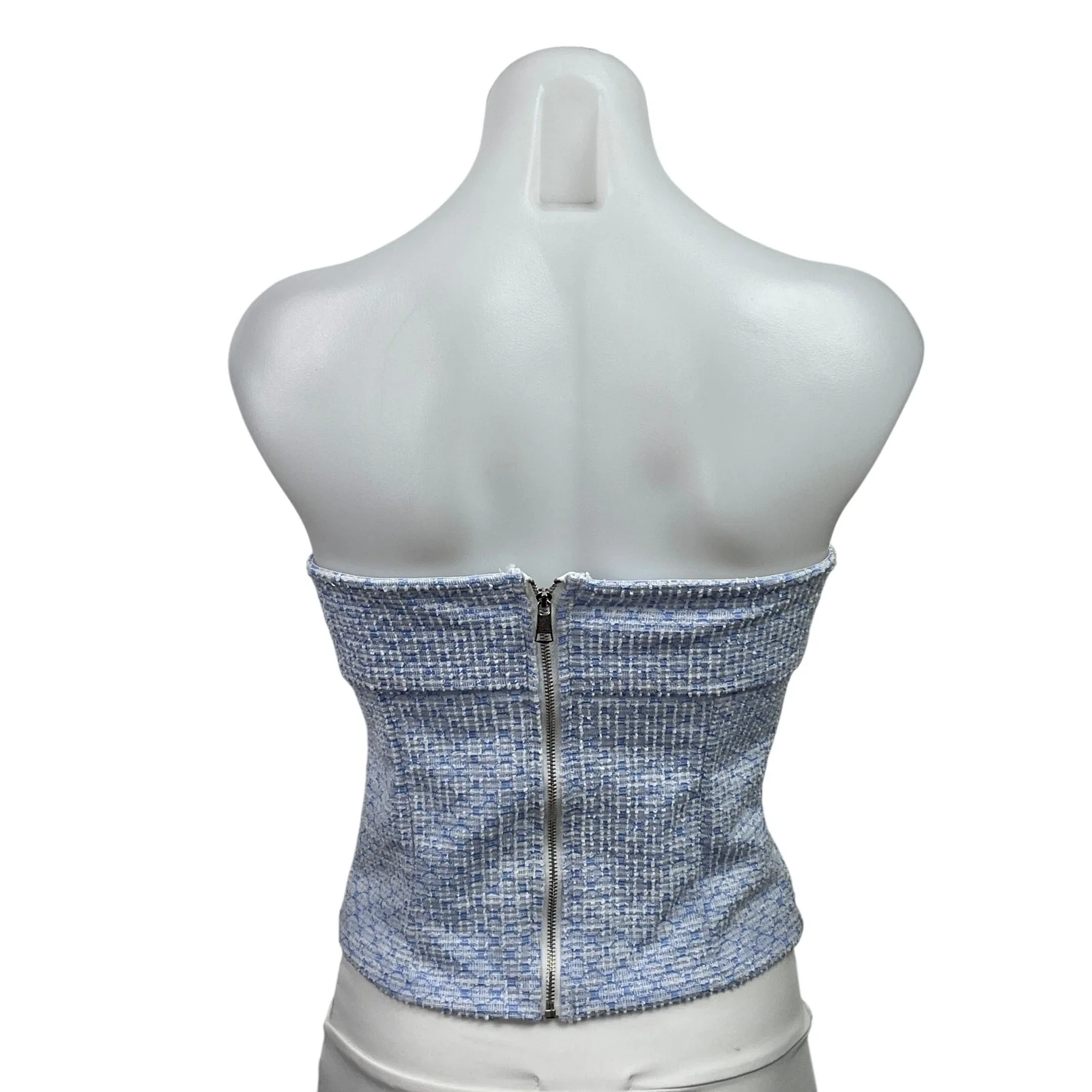 Shein Women's Blue Tweed Strapless Tube Bandeau Button Up Blouse Top Size S - Image 3