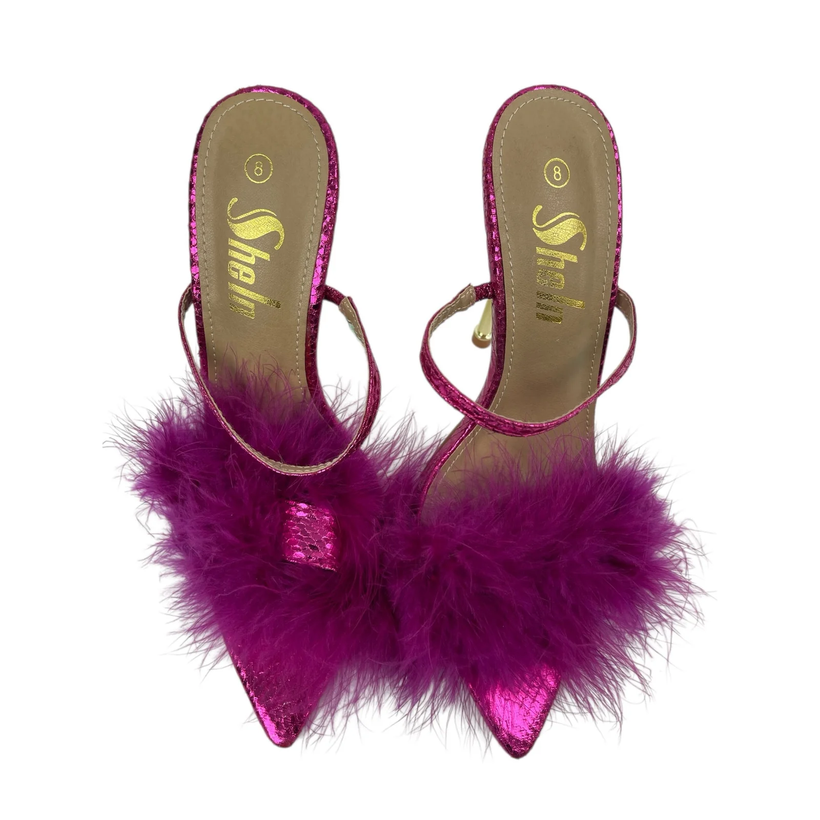 SheIn Women's Purple Fuzzy Fur Pointed Toe Slip On Gold Stiletto Heels Sandals 8 - Image 2