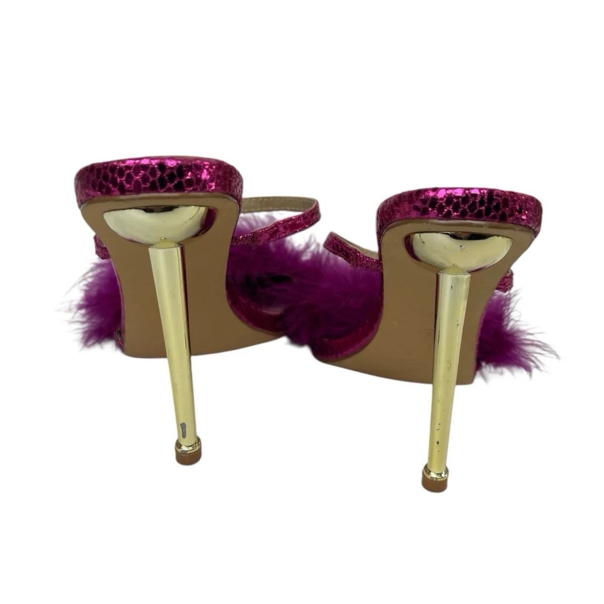SheIn Women's Purple Fuzzy Fur Pointed Toe Slip On Gold Stiletto Heels Sandals 8 - Image 3