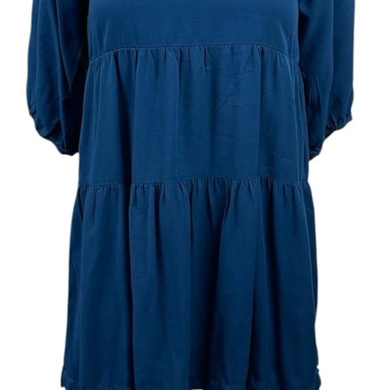 Shinestar Blue Square Neck 3/4 Sleeve Tiered Mini Babydoll Flare A-Line Dress XS - Image 4