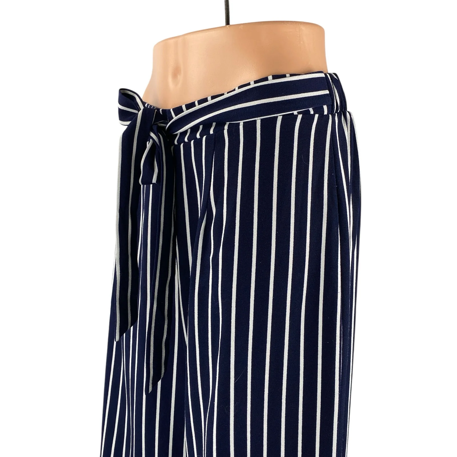 Shop 17 Womens Blue Stripe High Rise Tie Waist Palazzo Wide Leg Trousers Pants M - Image 2
