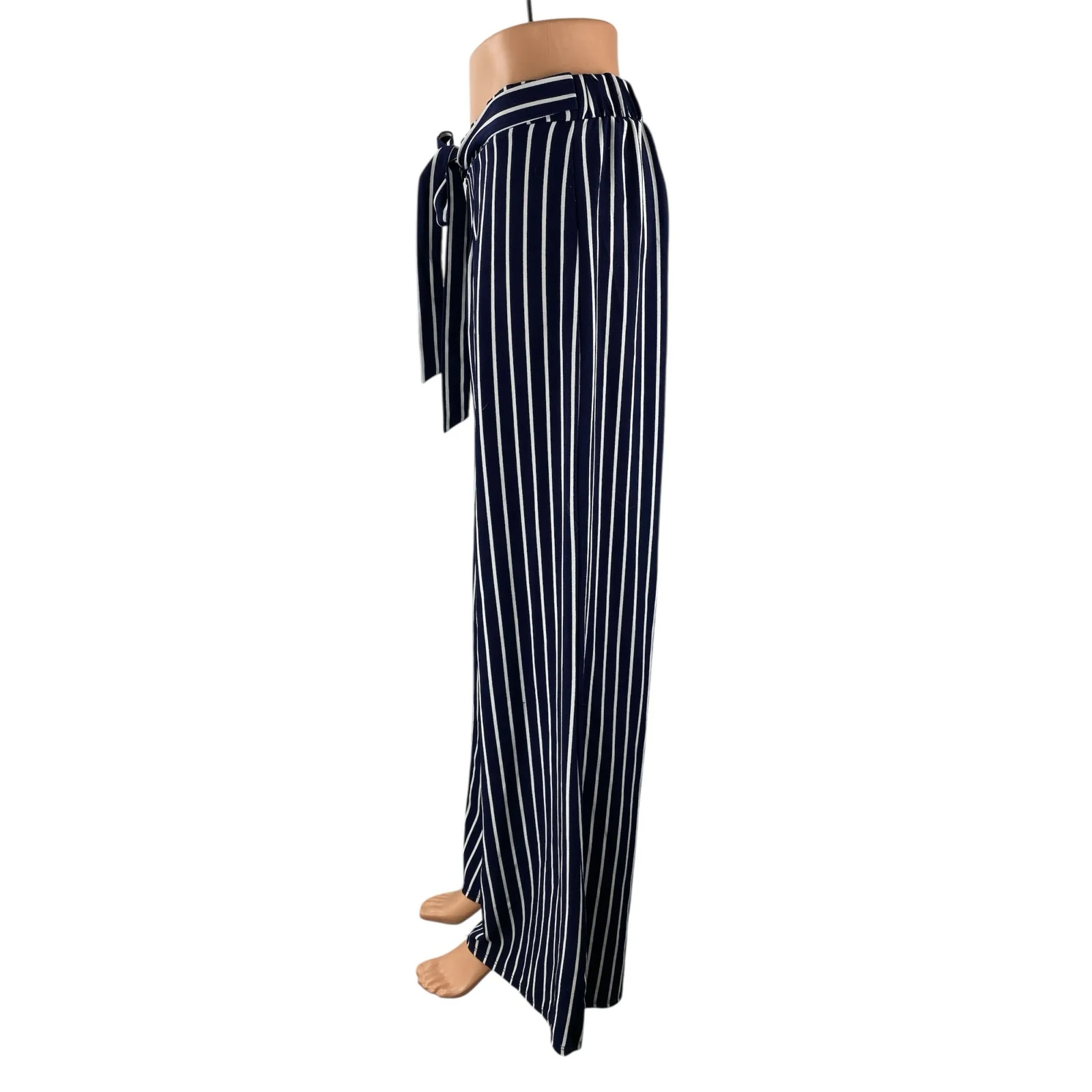 Shop 17 Womens Blue Stripe High Rise Tie Waist Palazzo Wide Leg Trousers Pants M - Image 3