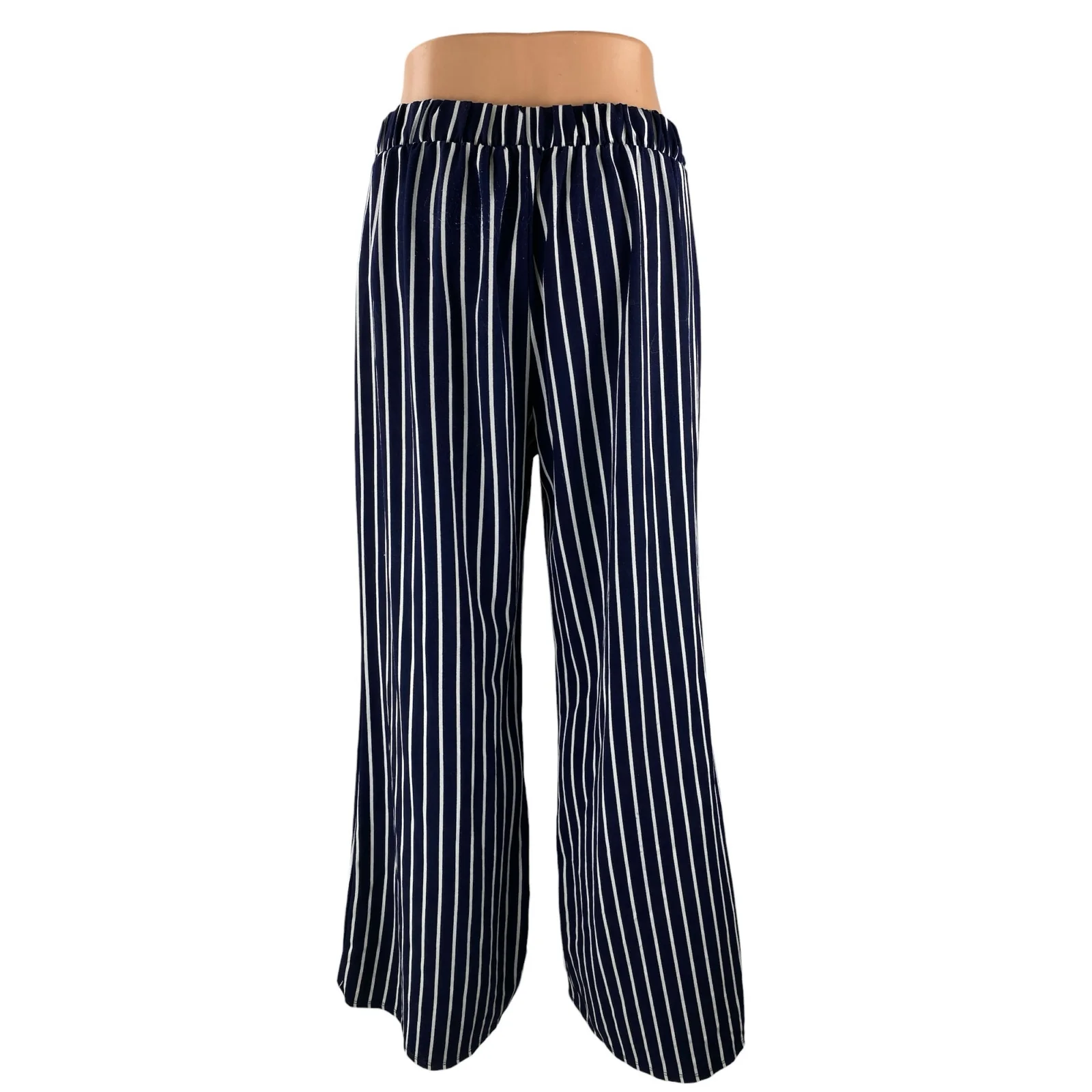 Shop 17 Womens Blue Stripe High Rise Tie Waist Palazzo Wide Leg Trousers Pants M - Image 4