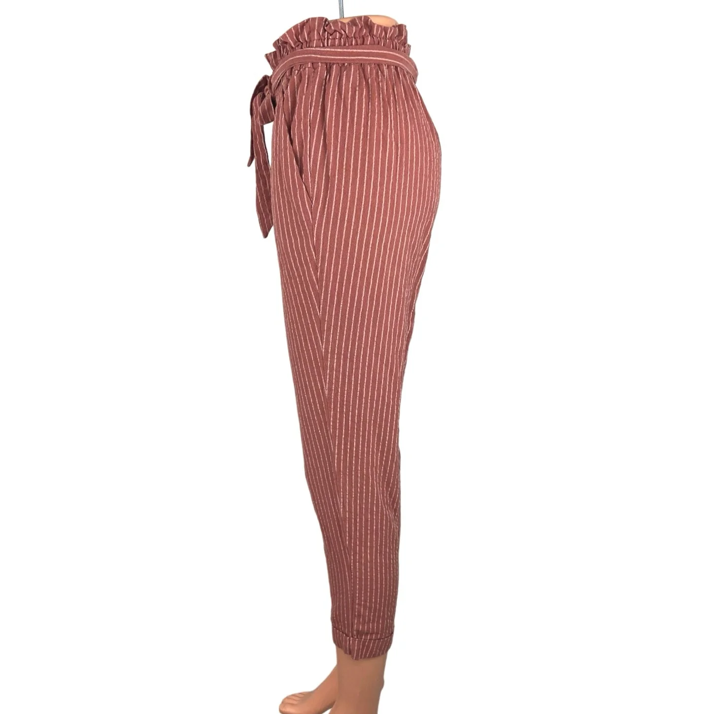 Sienna Sky Pink White Pinstriped Tie High Waisted Paperbag Trouser Pants Size XS - Image 2
