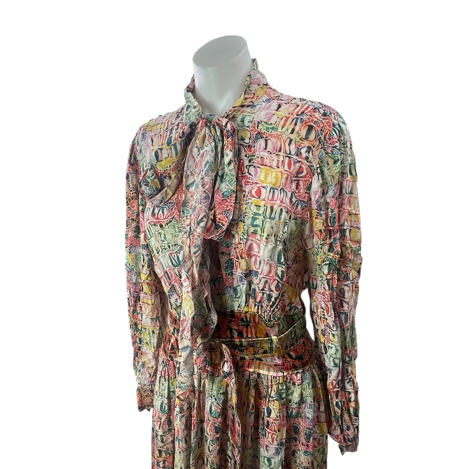 Sies Marjan Multicolor Abstract Long Sleeve Tie Neck Belted A Line Maxi Dress 4 - Image 3