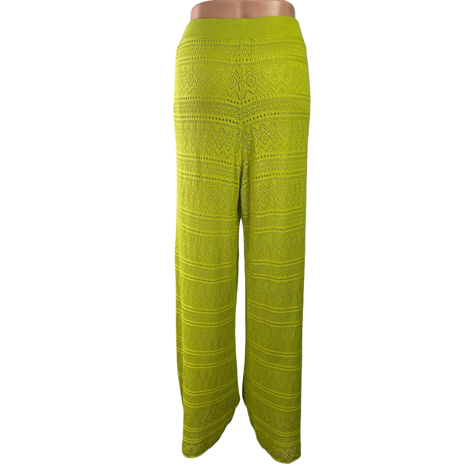 Simorra Green Knitted Eyelet High Waisted Palazzo Wide Leg Trousers Pants Size M - Image 3