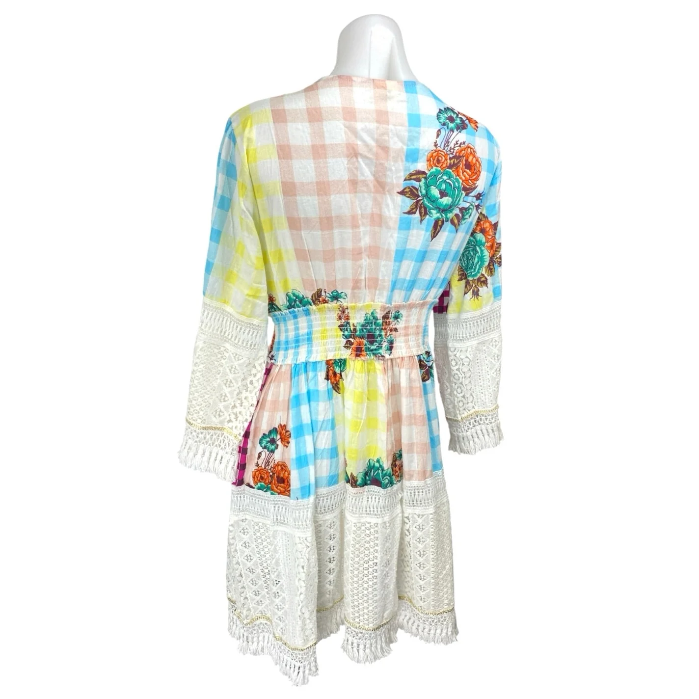 Siya Multicolor Embroidered Sequin Patchworks Checkered Mini A-Line Dress L/XL - Image 2