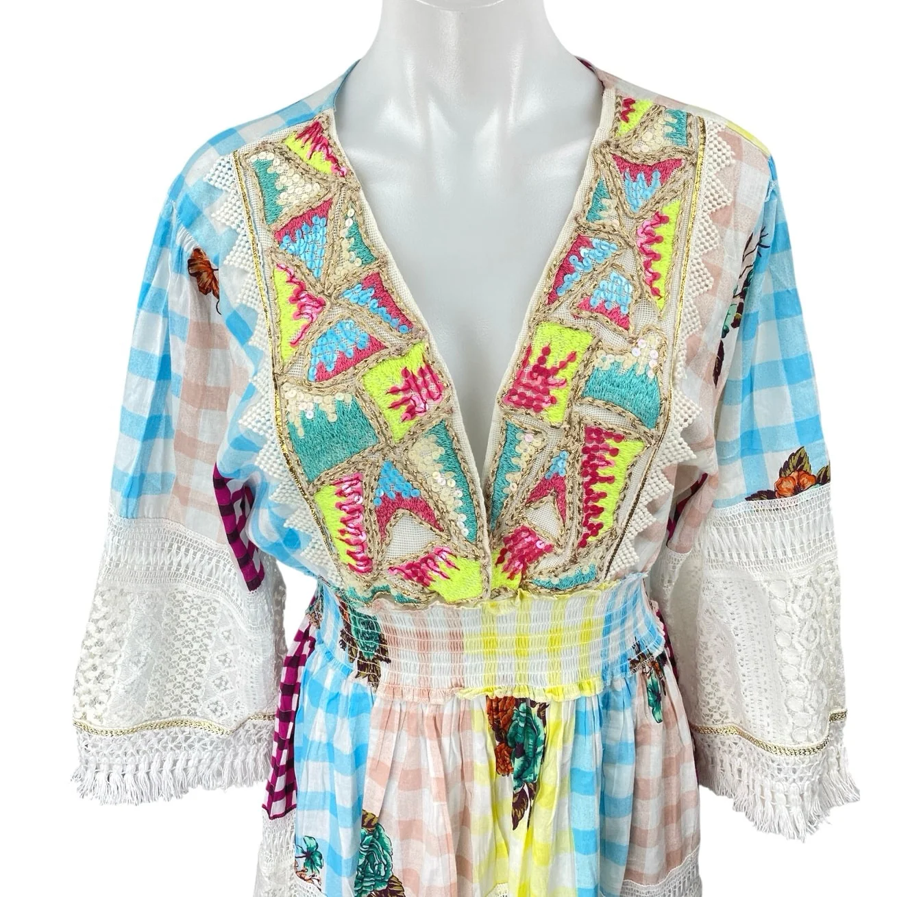 Siya Multicolor Embroidered Sequin Patchworks Checkered Mini A-Line Dress L/XL - Image 3