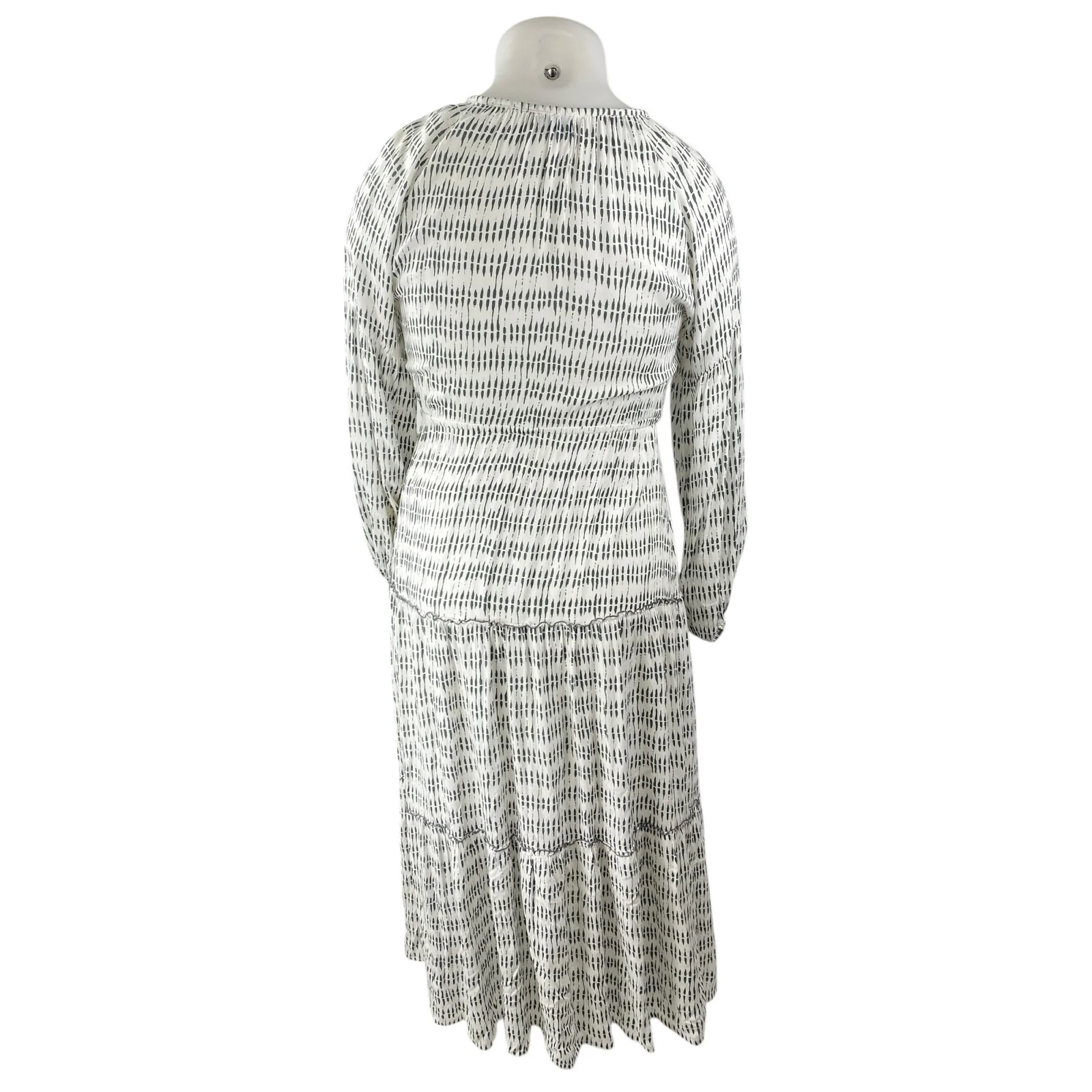 Skemo White Abstract Beaded Tie Neck Long Sleeve Tiered Midi A-line Dress Size M - Image 3