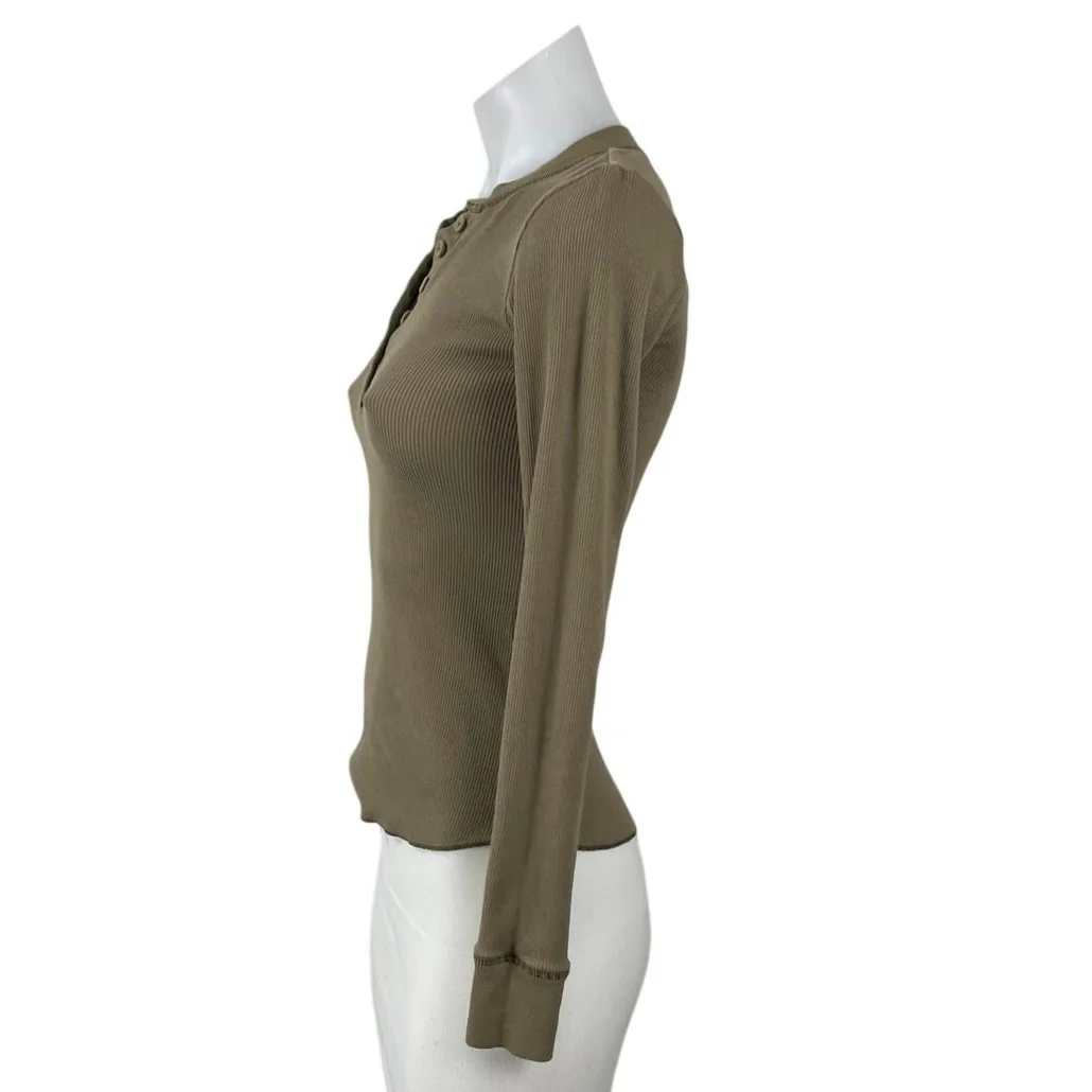 Skims Olive Green Ribbed Knit Sculpt Long Sleeve Henley T Shirt Tee Top Size XS - Image 2
