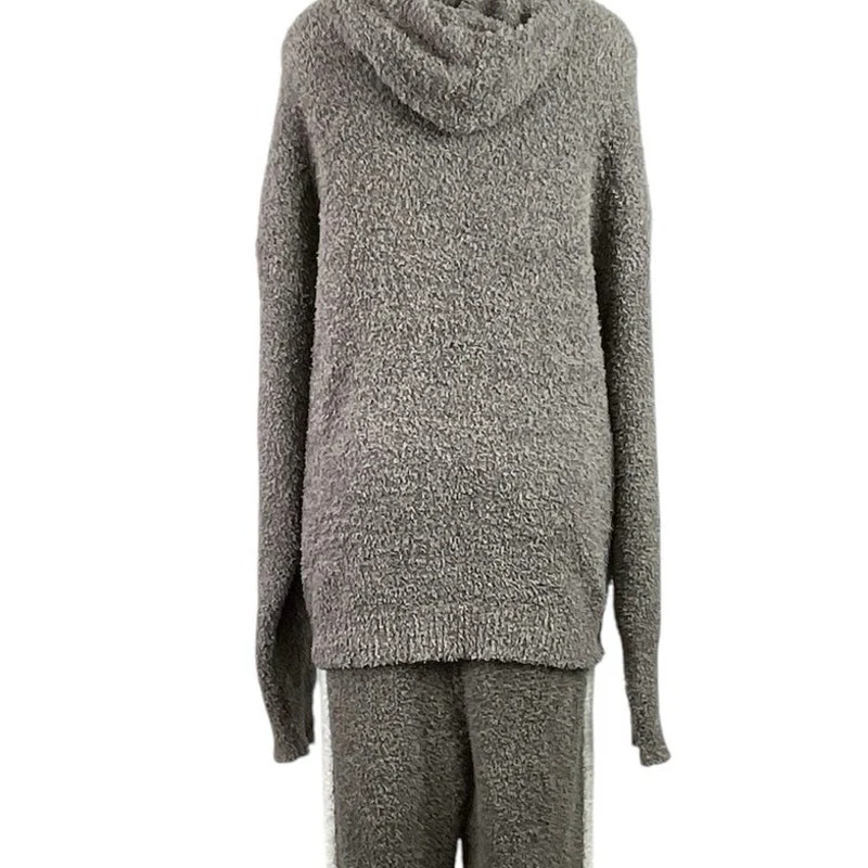 Skims Women's Gray Cozy Knit Teddy Stripe Fleece Hoodie Jogger Lounge Set S/M - Image 4