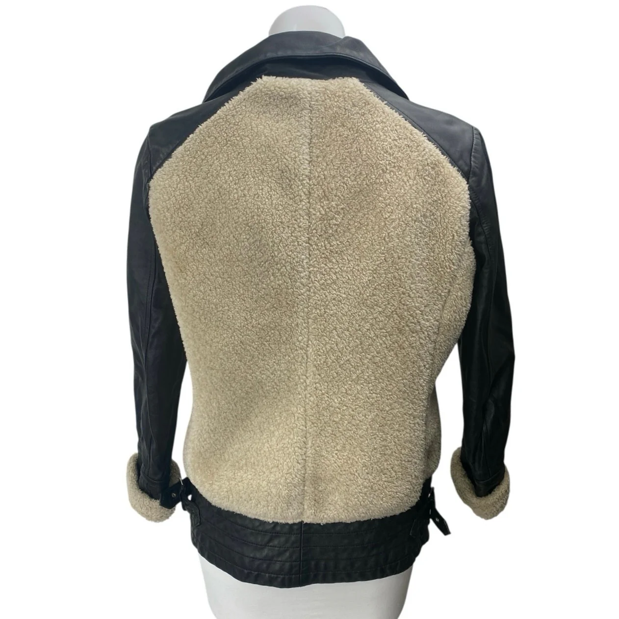 Slate & Willow Aviator Beige Black 100% Leather Sherpa Zip Up Moto Coat Jacket S - Image 2