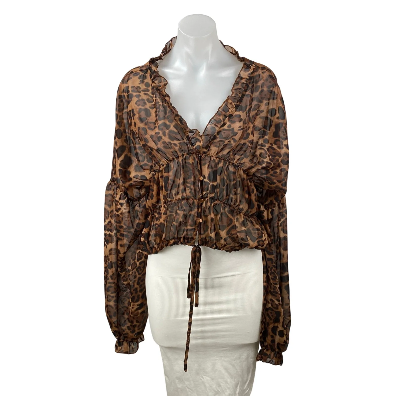 Sndys Women's Tan Brown Leopard Animal Print Ruffle Peplum Blouse Top Size 4