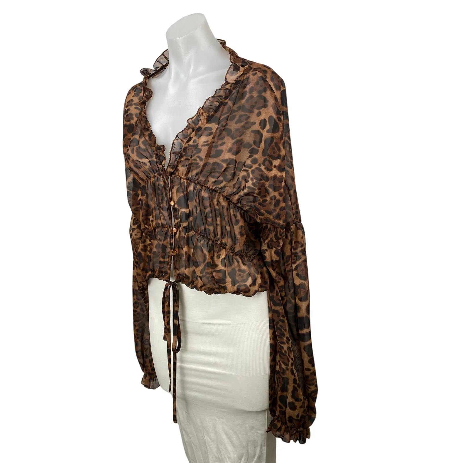 Sndys Women's Tan Brown Leopard Animal Print Ruffle Peplum Blouse Top Size 4 - Image 3