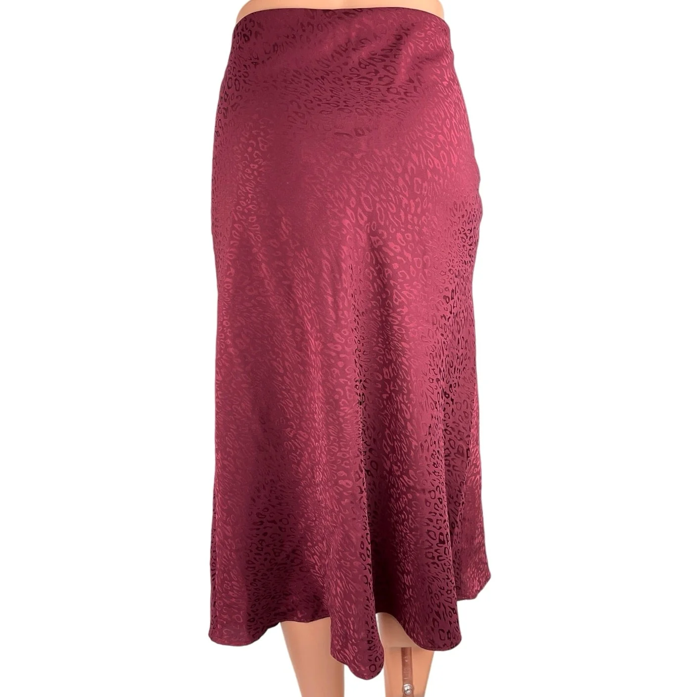 Socialite Red Silky Satin Leopard Print Flare Side Slit A-Line Slip Skirt Size M - Image 3