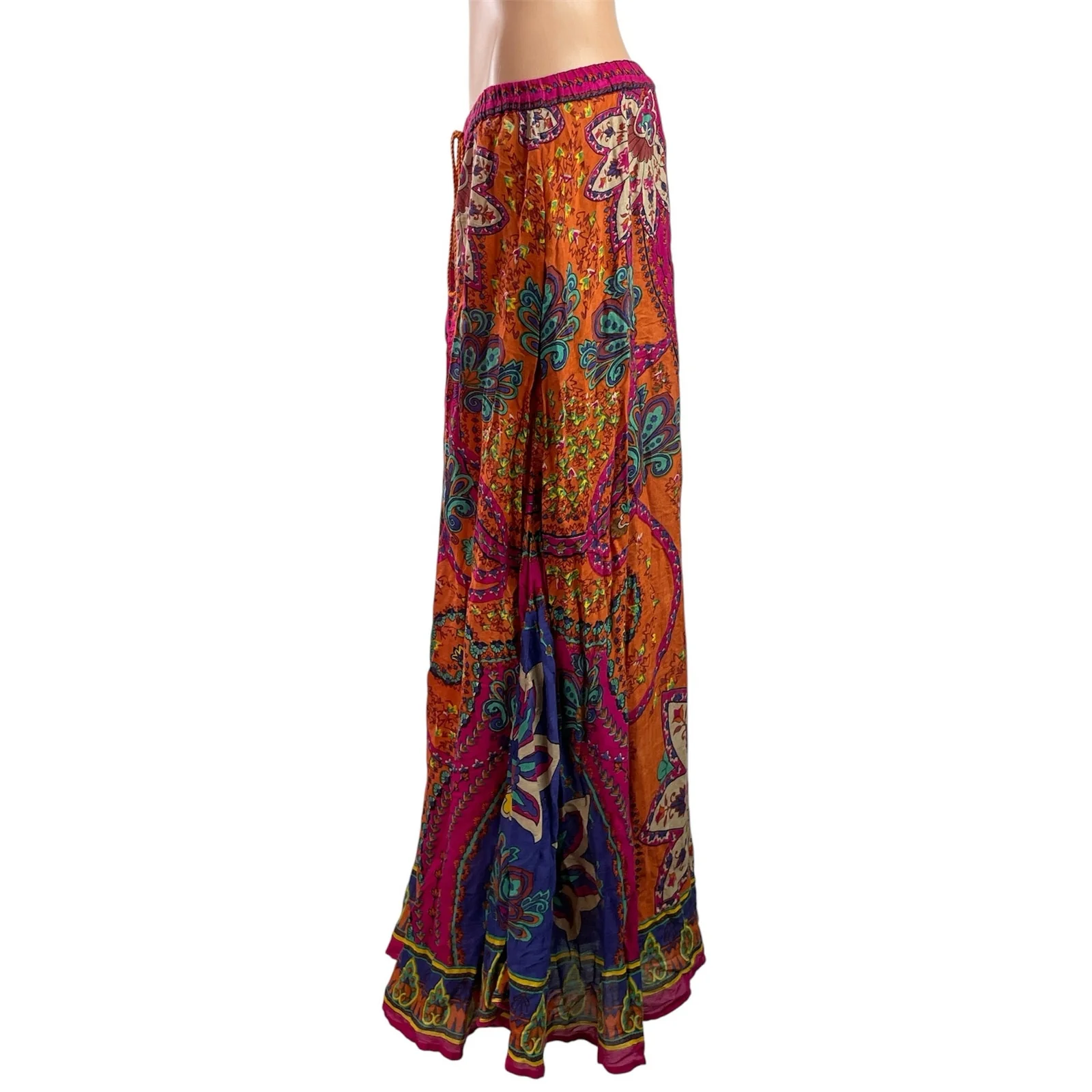 Soft Surroundings Marguerite Orange Pink Paisley Tassel Boho A-Line Maxi Skirt M - Image 2