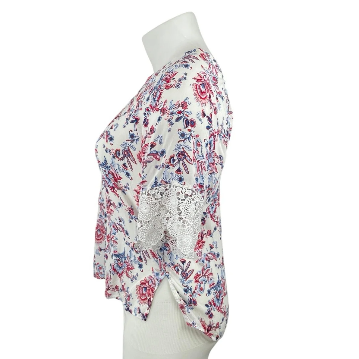 Soho Botanical Floral Lace Trim Bell Sleeves Tunic Peasant Popover Blouse Top XL - Image 3