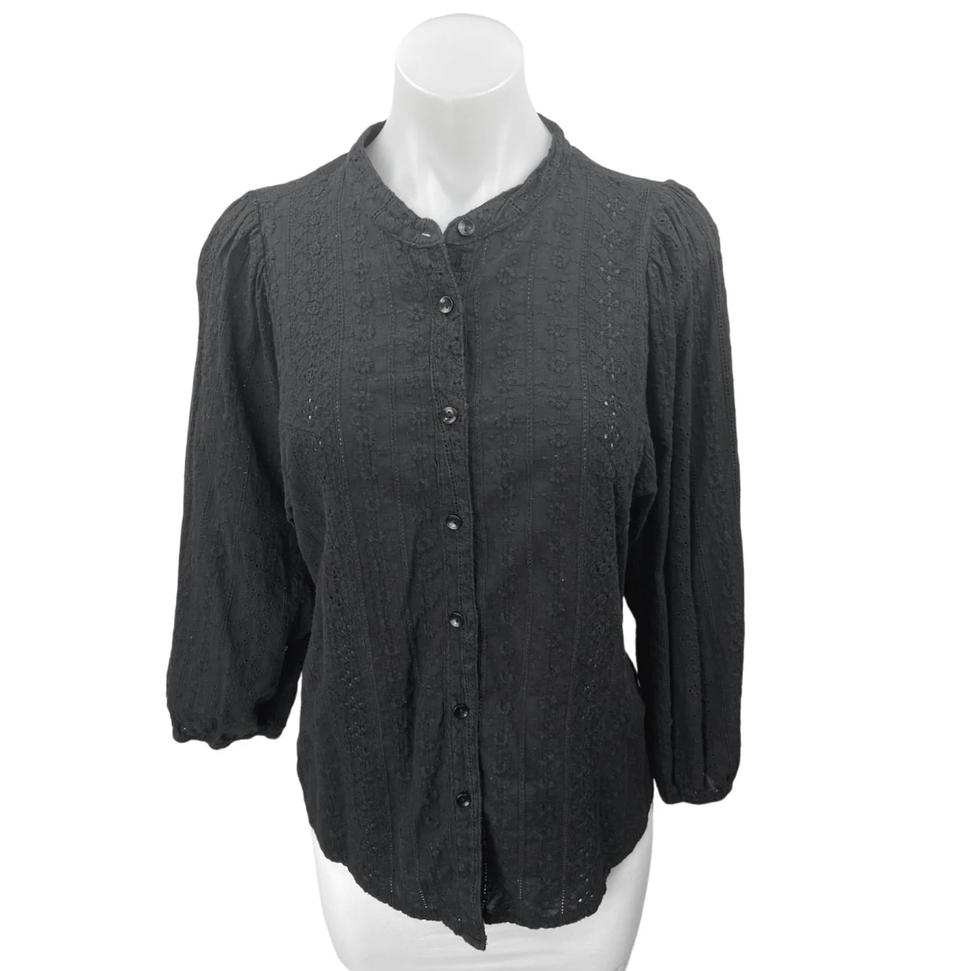Solitaire Black Floral Embroidered Long Sleeve Button Down Shirt Top Size XL
