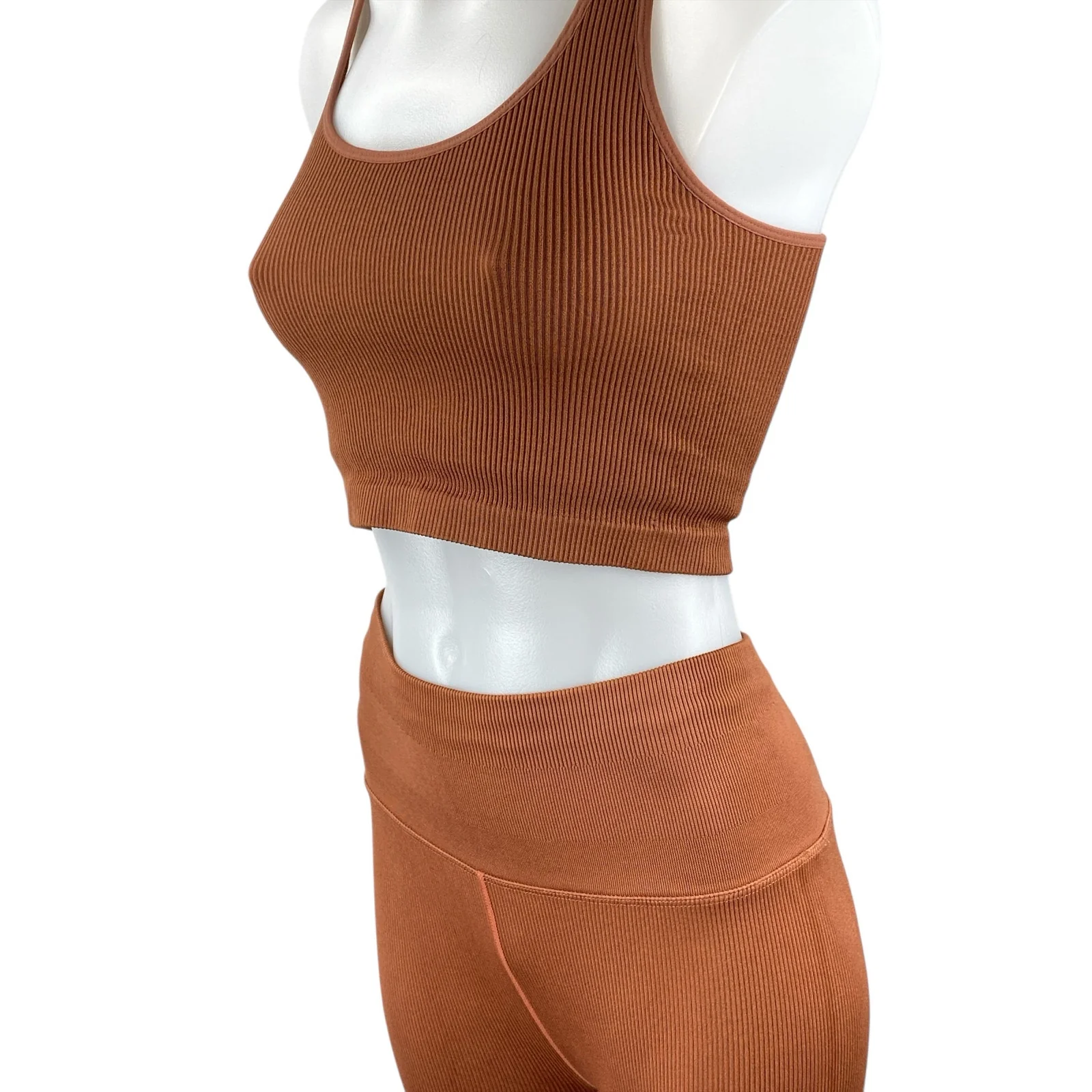 Spiritual Gangster Brown Ribbed Knit Athletic Top High Rise Legging 2 Pc Set M/L - Image 2