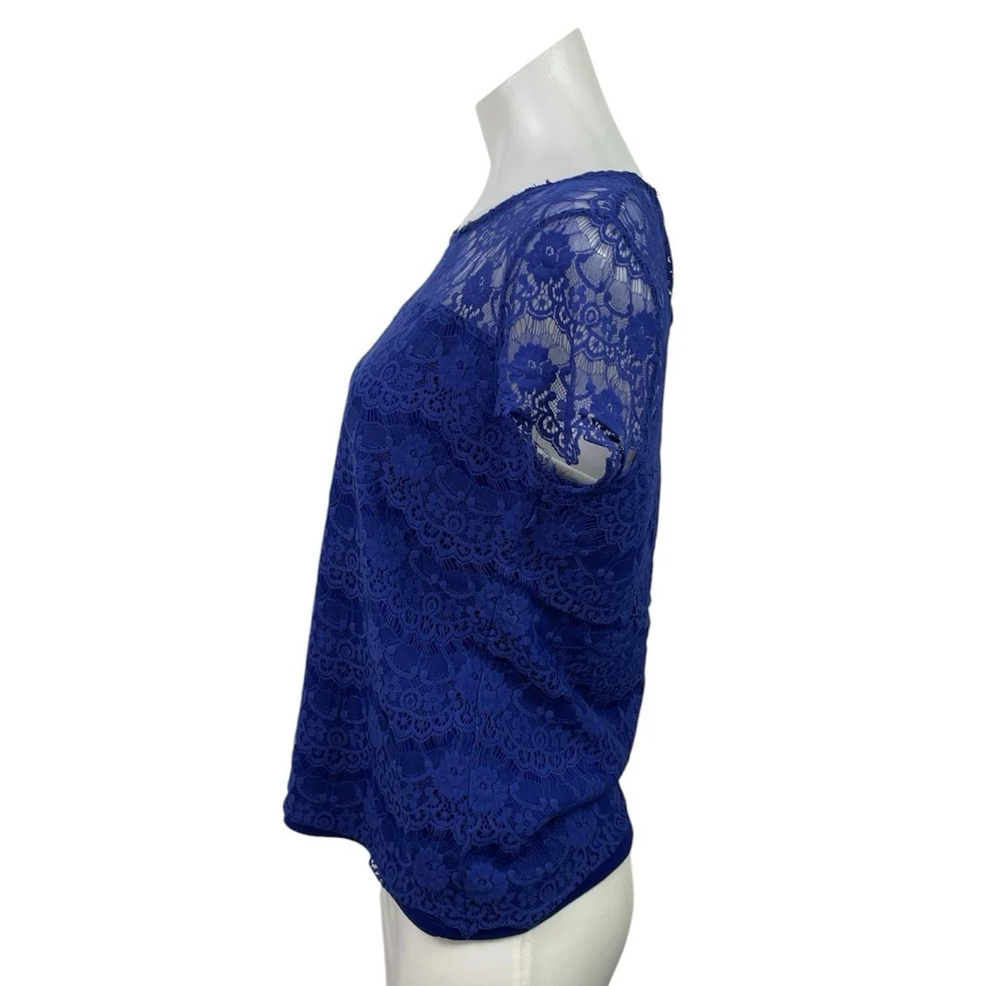 Splash Womens Blue Floral Lace Short Sleeve Round Neck Casual Blouse Top Size 14 - Image 2