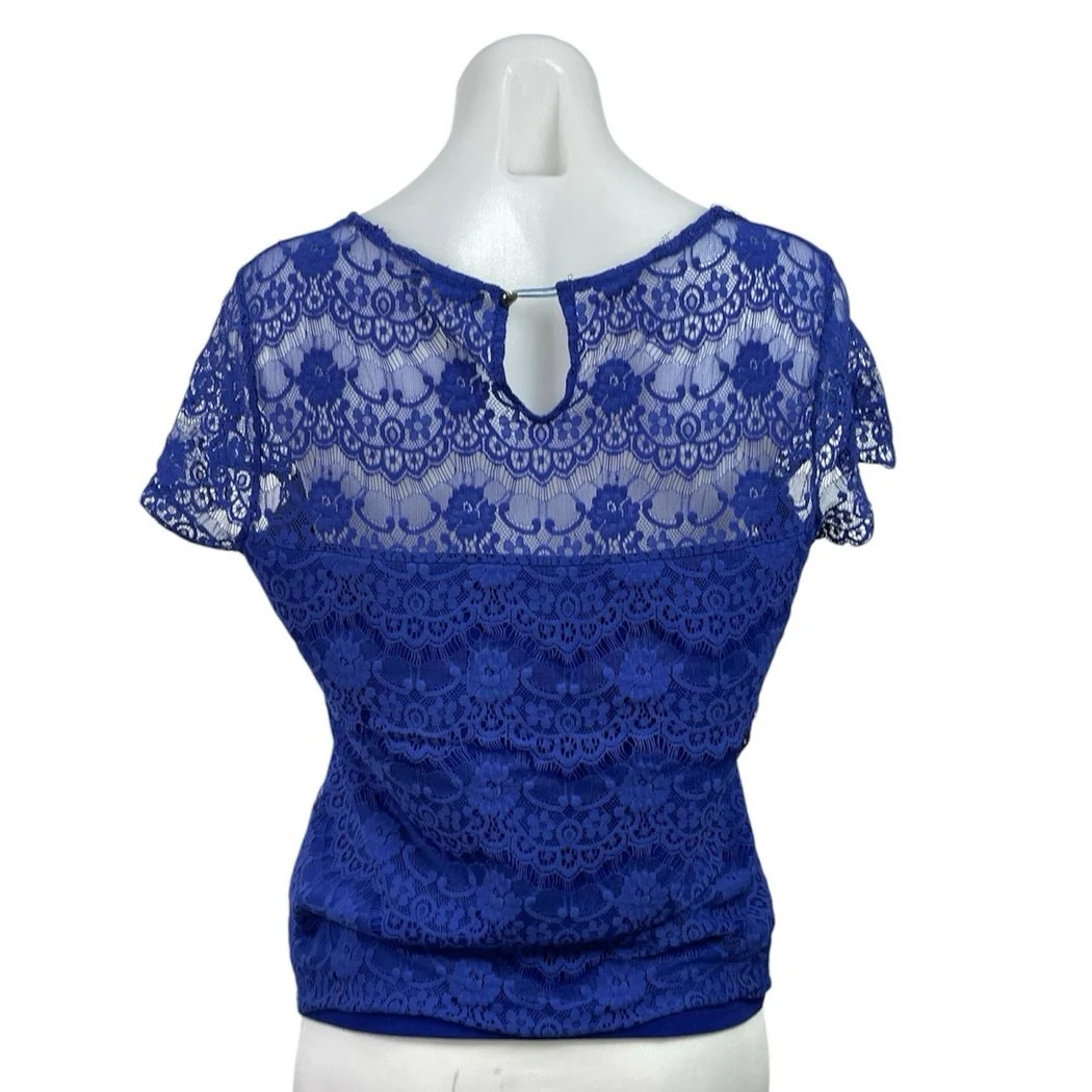 Splash Womens Blue Floral Lace Short Sleeve Round Neck Casual Blouse Top Size 14 - Image 3