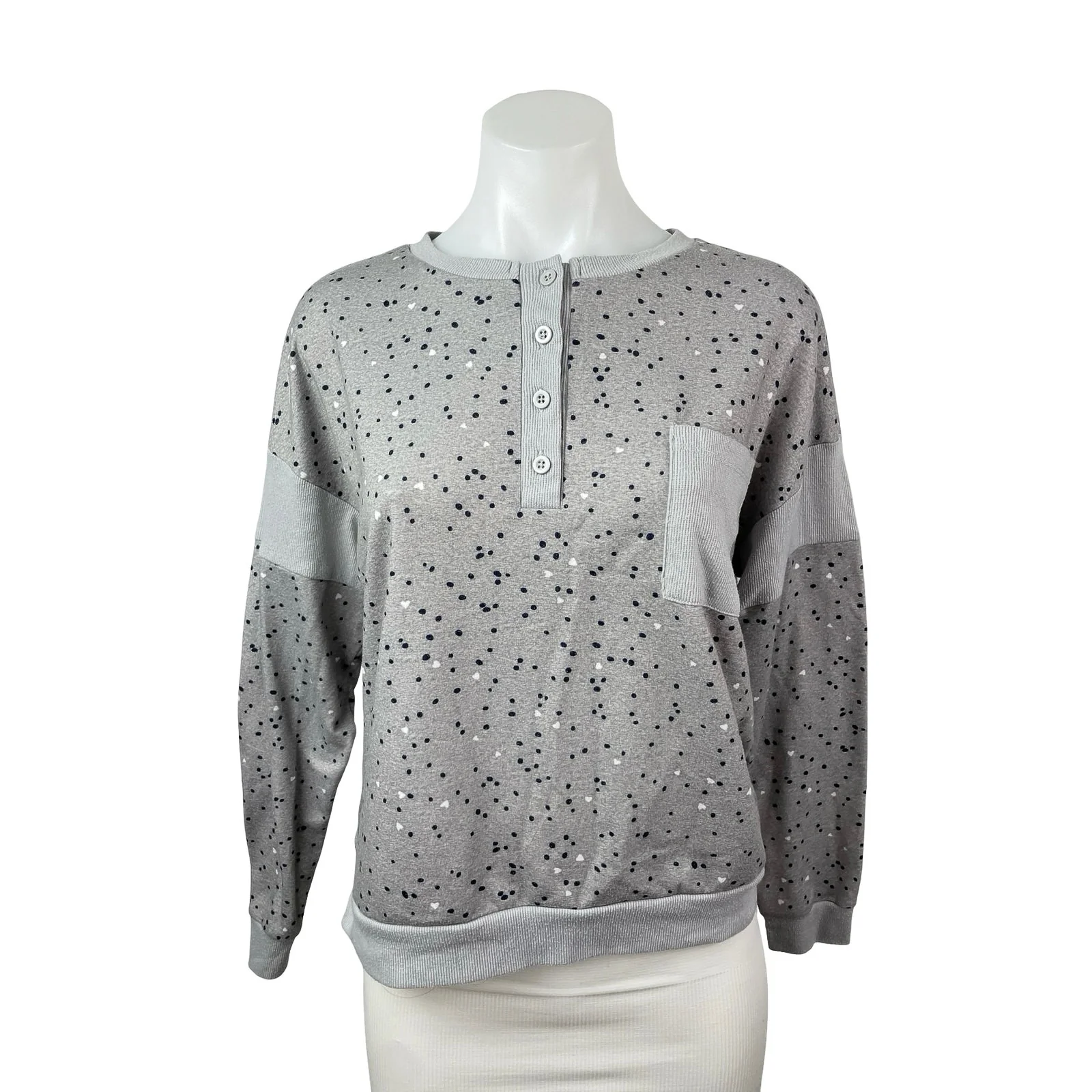 Splendid Gray Polka Dot Henley Knit Long Sleeve Pajama Sleepwear Top Size S
