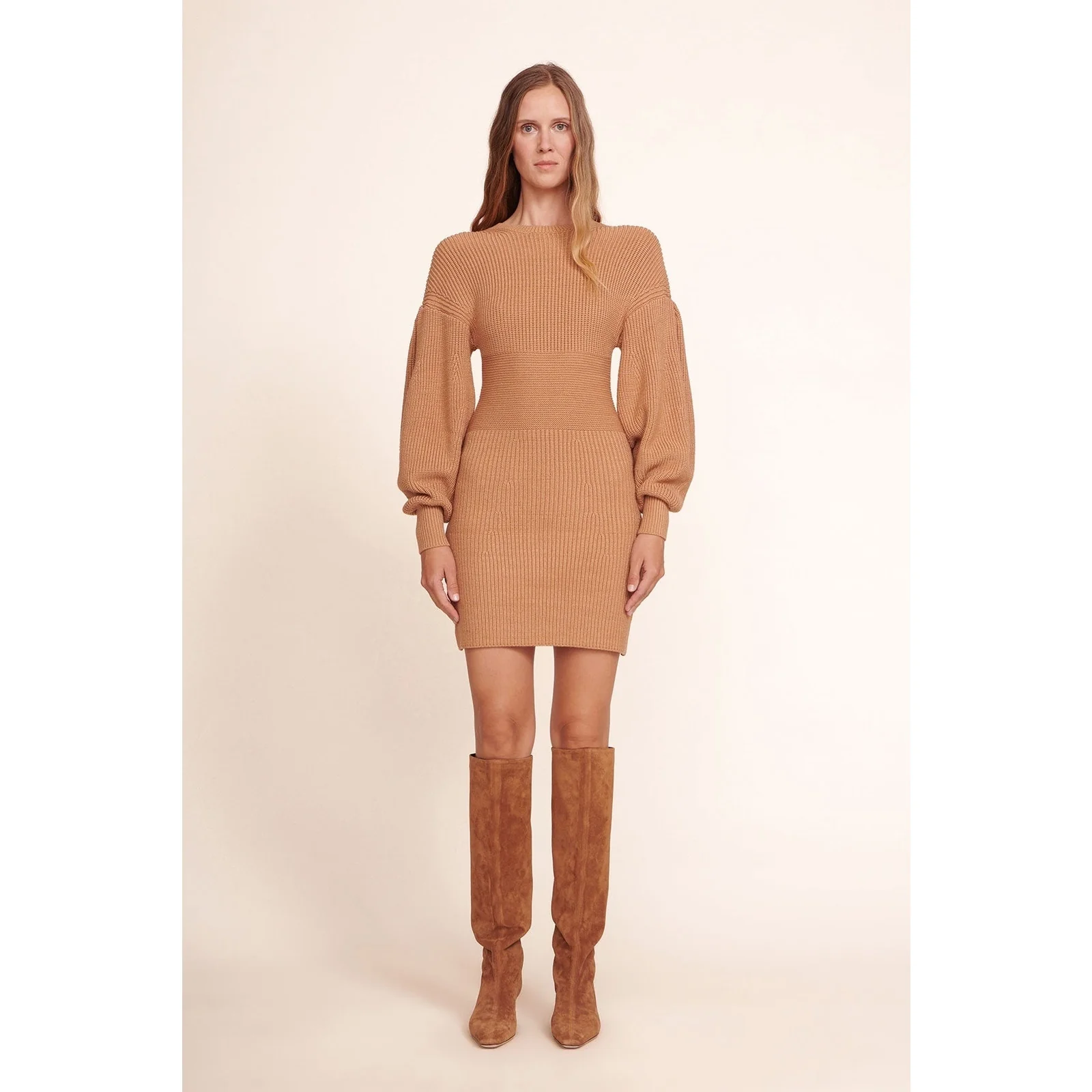 STAUD Marylebone Brown Tan Balloon Long Sleeve Knit Mini Bodycon Sweater Dress M - Image 2