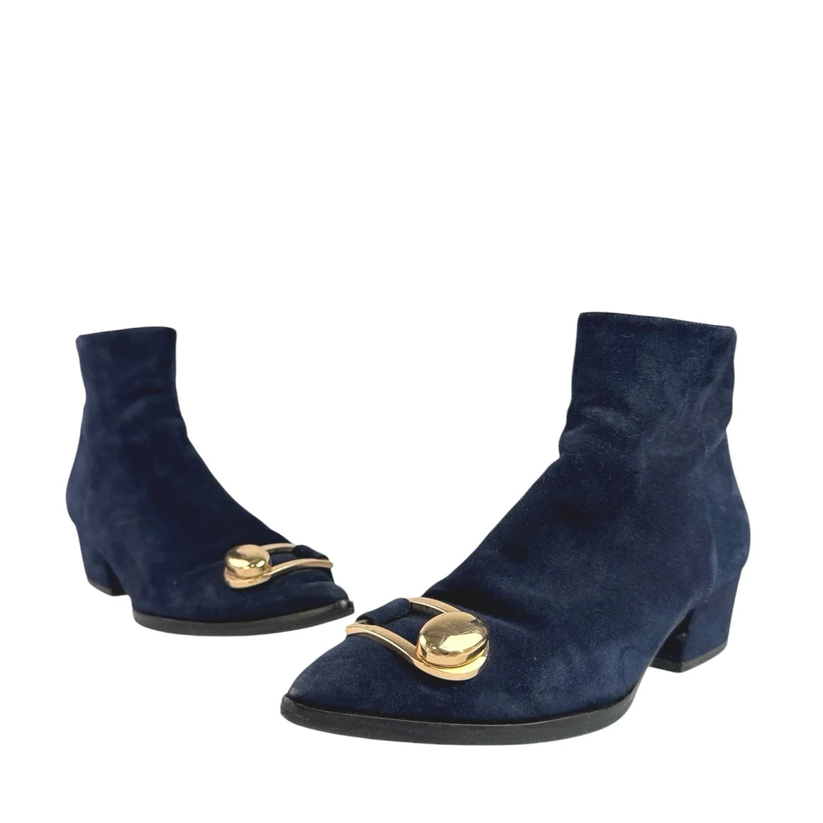 Stella Luna Blue Suede Leather Pointed Toe Gold Accent Zip Ankle Boots 37 US 6.5 - Image 5