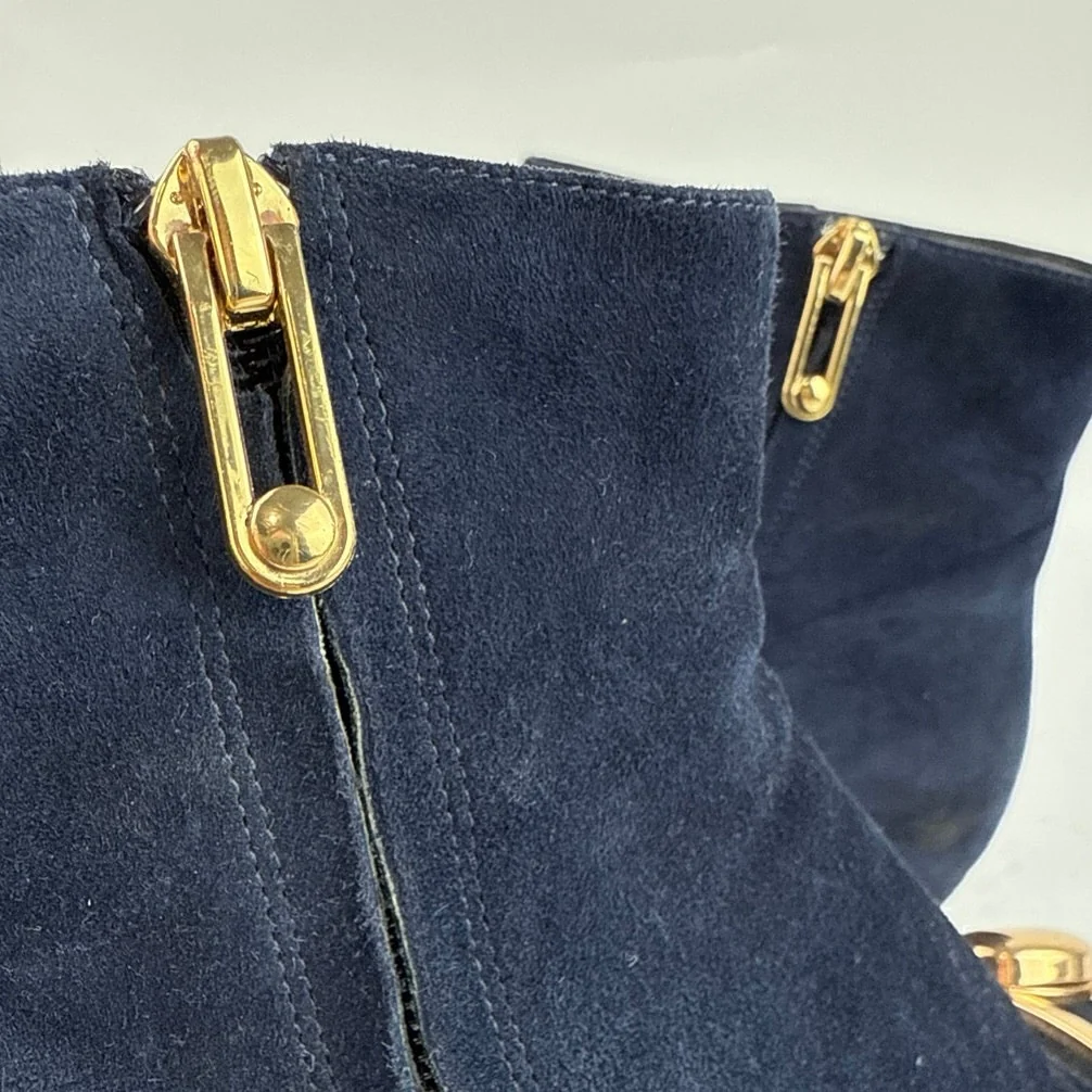Stella Luna Blue Suede Leather Pointed Toe Gold Accent Zip Ankle Boots 37 US 6.5 - Image 7