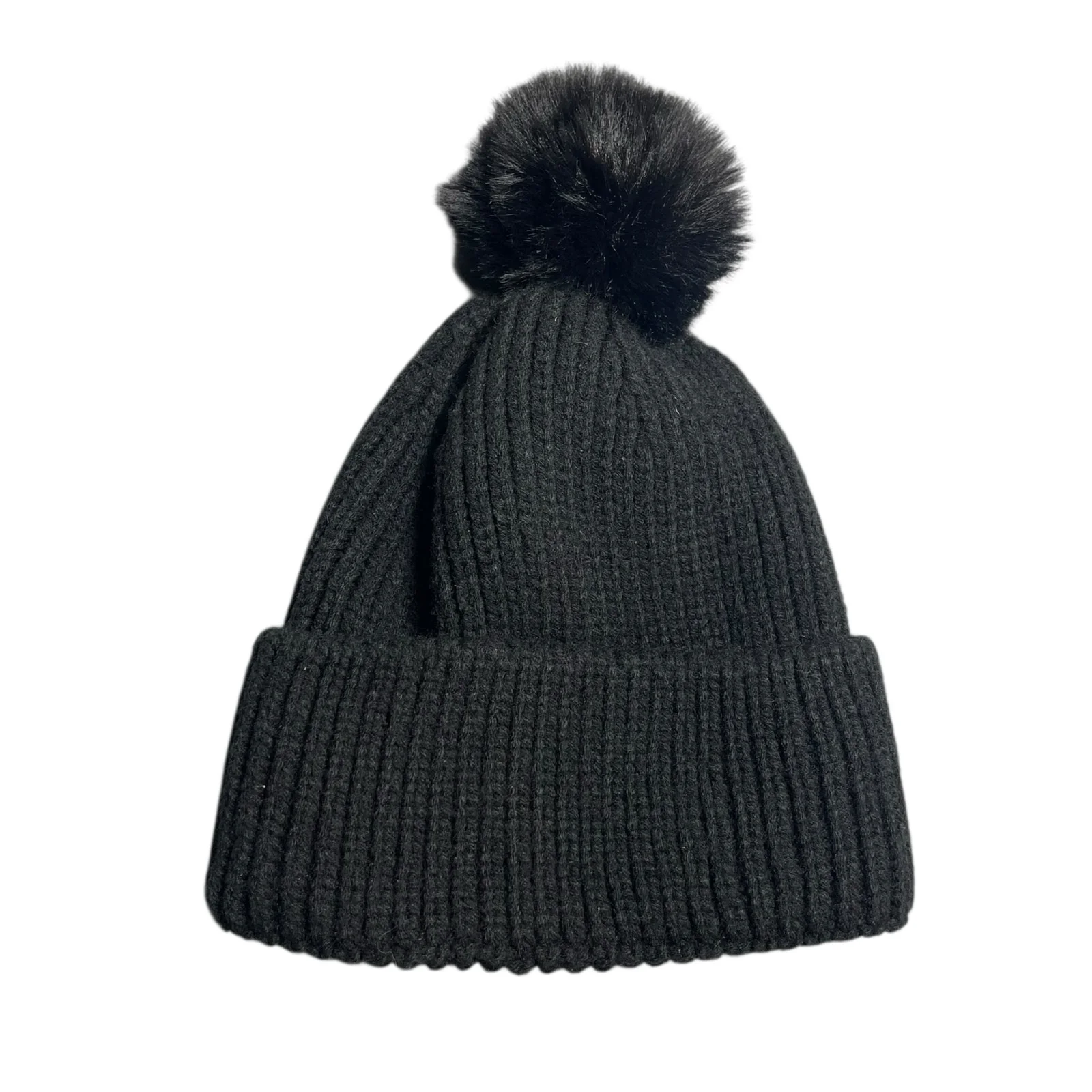 Steve Madden Black Rib Knit Cuffed Pom Pom Winter Snow Beanie Cap Hat One Size - Image 2